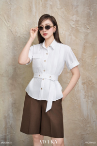 Chemise boutonnée en popeline blanche décontractée et respirante pour femme, à manches courtes, avec ceinture à la taille, pour le printemps et l'été SILAS - Product Image 2