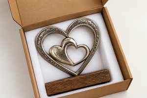 Sculpture de cœur en métal faite à la main avec motif gravé sur base en bois, décoration de table, thème traditionnel de l'amour, art pour salon - Product Image 5