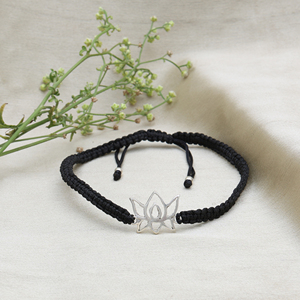 Classic Unique Style Adjustable Glass <b>Beads</b> Black Cord <b>Bracelet</b> with Sterling Silver Lotus Charm Luxury Fine Jewelry for Women - Product Image 2