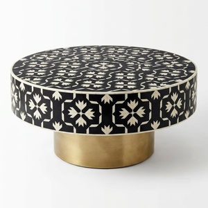 Table basse ronde en os incrusté, motif marocain fait main, table centrale avec base en laiton sur mesure, meubles en os de chameau incrusté, en promotion - Product Image 5
