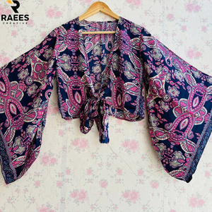New Arrival Bohemian Silk Wrap Top For Women Flare <b>Bell</b> <b>Sleeve</b> Tie Top Boho Crop Top Tunic <b>Dress</b> With Short Length - Product Image 6