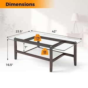 Tavolino da Caffè Rettangolare in Vetro a 2 Livelli da 42 Pollici con Ripiano Portaoggetti, Struttura in Legno Massello e Finitura a Specchio - Product Image 5