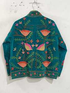 Veste d'été vintage en velours vert sarcelle à col montant et manches chauve-souris, broderie de dessin animé en tissu éponge, coupe oversize, style décontracté - Product Image 3