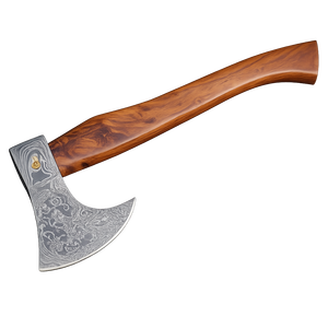 Hacha vikinga hecha a mano con espiga plana en acero de Damasco, mango de madera y funda de cuero, personalizable OEM/ODM - Product Image 1