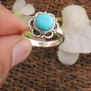 Natural Round <b>Turquoise</b> <b>Ring</b> 925 Sterling Silver Blue Stone Cabochon <b>Ring</b> Wholesale Genuine <b>Turquoise</b> Jewelry for Women Boho - Product Image 2
