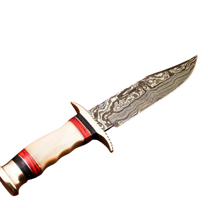 Cuchillo Bowie de Acero de Damasco Hecho a Mano con Mango de Hueso Crema, Detalles Rojo Marrón y Hoja con Patrón Plateado, Cuchillos de Caza de Hoja Fija - Product Image 3