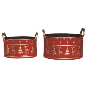 Red Metal <b>Christmas</b> Decorative Bins with Reindeer and <b>Tree</b> Design Round Shape Traditional Style Reusable Outdoor Holiday Display - Product Image 1
