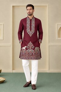 Men's Maroon Embroidered <b>Kurta</b> White Churidar Wedding Traditional <b>Indian</b> Pakistani Outfit Regular Fit Knee-Length Quick Dry - Product Image 5