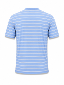 Men's Light Blue Striped O Neck Short Sleeve T-Shirt Regular Fit Casual 100% Cotton Knitted Breathable Front <b>Logo</b> Design - Product Image 3