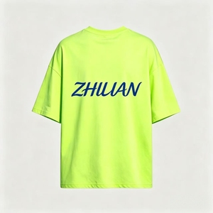 T-shirt à manches courtes pour homme Zhilian, coupe classique, vert fluo, broderie sur le devant, col rond décontracté, jersey 100% coton respirant - Product Image 1