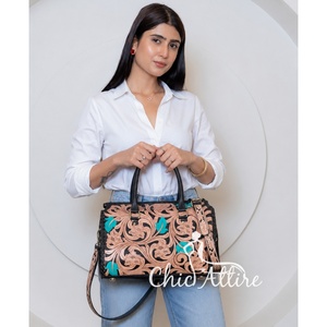 Chic Attire Women's Hand-Tooled Floral Genuine Leather 15-Inch Turquoise Leaf Design Lightweight Durable Eco-Friendly <b>Duffel</b> <b>Bag</b> - Product Image 1