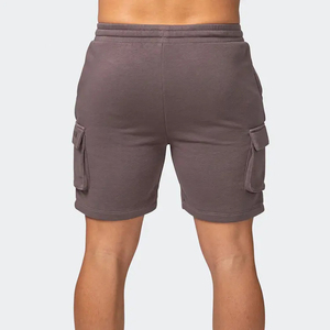 Shorts cargo gris uni en coton pour homme, taille mi-haute avec cordon de serrage, style décontracté, longueur bermuda, poches, tissu respirant - Product Image 5