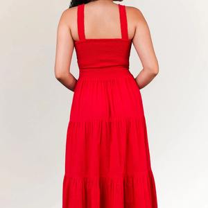 เดรสผ้าฝ้ายสีแดงลดราคาพิเศษ เนื้อผ้านุ่ม ระบายอากาศดี เหมาะสำหรับใส่ลำลองในฤดูร้อน ทรงเอไลน์สวยสง่า มีจำหน่ายในราคาส่งออก - Product Image 5