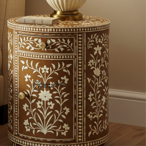 Luxury Modern Floral Bone Inlay <b>Bedside</b> <b>Table</b> Handcrafted <b>Round</b> Wood Nightstand with 2 Drawers - Product Image 2