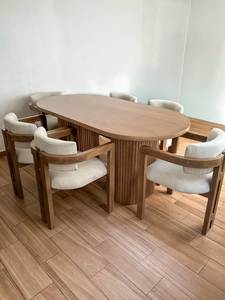 Juego de Mesa de Comedor Ovalada de Madera de Teca Contemporánea, Sillas Tapizadas Modernas, Fabricante de Muebles de Indonesia - Product Image 3