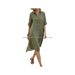 Vestido camisero de lino ligero para mujer, informal, de manga larga, para vacaciones de verano, ropa informal con abertura lateral, ropa informal sólida Natural - Product Image 2