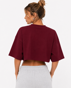 T-shirt personnalisé uni pour femme, coupe ample à épaules tombantes, col rond, manches courtes, style crop top, OEM sur mesure, toutes saisons - Product Image 2