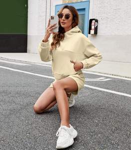 Ensemble 2 pièces streetwear sport pour femme, haut et short, motif uni, 100 % coton molletonné, respirant, anti-boulochage, coupe classique, toutes tailles - Product Image 6
