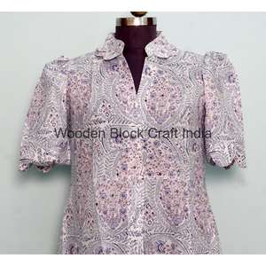 Robe décontractée en tissu 100% coton pour filles, femmes, dames, mi-longue, confortable, coupe évasée, col en V, manches courtes, robe formelle, imprimé floral, élégante - Product Image 1