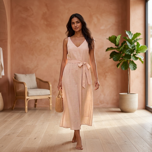Boho V-Neck Sleeveless Maxi <b>Dress</b> with Belt <b>Loose</b> Fit Breathable 100% Rayon Crepe Solid Sweet Cute Summer Casual Wear - Product Image 4