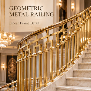 Contemporary Gold <b>Railing</b> with Geometric Frame Balusters, Linear Detailing and Modern Staircase Handrail Balustrade - Product Image 1