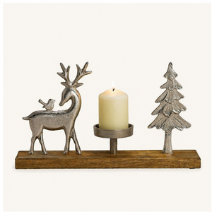 Handmade Silver Aluminum Reindeer Christmas <b>Tree</b> Candle Holder Natural Wood Base Modern Eco-Friendly Festive Holiday <b>Tabletop</b> - Product Image 1