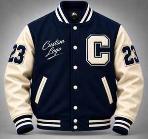 Chaqueta Varsity de Invierno para Hombre, con Cuello Alto, de Lana Azul Marino, con Logotipo Personalizado, Grabado en Relieve, OEM - Product Image 1