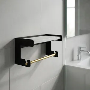 Modern <b>Wall</b> <b>Mounted</b> Marble <b>Shelf</b> with Towel Bar Bathroom Storage Rack Metal Organizer Holder for Vanity Washroom Decor - Product Image 2