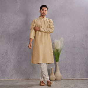 <b>Men's</b> Beige Cotton <b>Kurta</b> With Stylish Simple Elegant Design Traditional Wedding Wear <b>Kurta</b> India Pakistan Style Regular Fit - Product Image 6