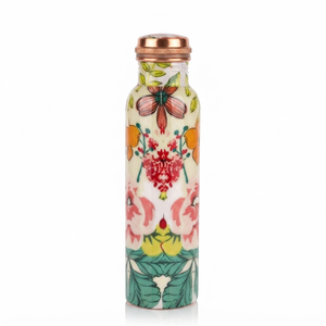 Handmade Copper Water Bottle with Colorful <b>Botanical</b> Leaf <b>Print</b>, Leakproof Screw Cap, Ayurvedic Drinking Flask for Office Gift - Product Image 1