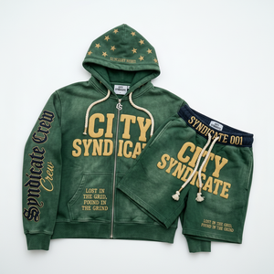 Custom Men's green Vintage Washed Breathable Winter Patch Zip Hoodie Shorts <b>Set</b> Heavyweight Cotton Streetwear OEM Private Label - Product Image 6