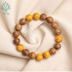 Bracelet en bois perlé My Aga avec billes d'agate jaune, style vintage unisexe, bijou cadeau - Product Image 1