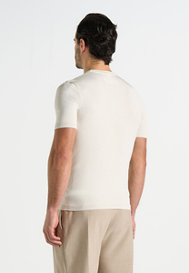 T-shirt en coton tricoté à manches courtes et col rond pour homme, coupe ajustée, couleur unie, décontracté, respirant, blanc - Product Image 2