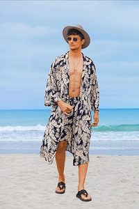 <b>Men</b> Lightweight 2 Piece Kimono Robe with Shorts Japanese Style Casual Open Front <b>Long</b> <b>Cardigan</b> with Belt 100% Rayon All Seasons - Product Image 3