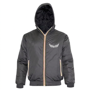 Veste à capuche noire pour homme avec logo aile, fermeture éclair, coupe-vent, style décontracté hiver, rembourrage polyester épais - Product Image 1