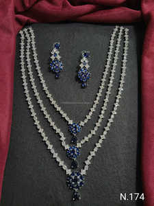 Tripel Layer Design American Diamond <b>Silver</b> Plated Long <b>Studded</b> Necklace With Matching Flower <b>Earring</b> Jewellery <b>Set</b> for Women - Product Image 2