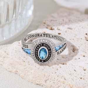 Anillo Escolar BOJ 041 Personalizado de Plata con Diamantes, Anillo de Graduación Universitaria, Anillo de Boda Unisex, Regalo de Graduación, Precio Bajo, Oferta - Product Image 1