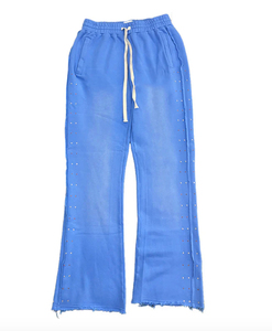 Wholesale New Style 100% Cotton HeavyweightAcid Wash Sky Blue Rhinestone Zip-Up Hoodie and Flared Sweat Pant Set - Product Image 2