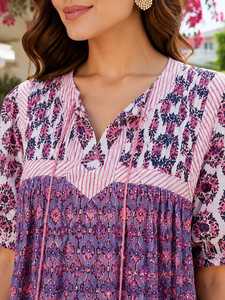 Robe longue décontractée 100 % coton imprimée numériquement, style bohème, coupe trapèze, manches courtes, col en V, à franges, taille naturelle, idéale pour les fêtes de printemps - Product Image 4