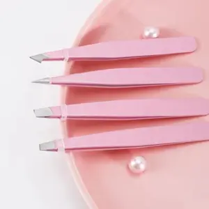 Pinzas rosadas precisas de acero inoxidable con etiqueta privada con puntas inclinadas para recortar cejas y desplumar el cabello Pinzas para cejas