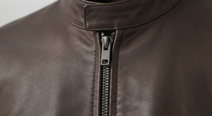 Brown Solid Finished PU Leather <b>Jacket</b> <b>Men</b> Zip up <b>Racer</b> Coat Windproof Waterproof Stand Collar Casual Motorbike Outerwear - Product Image 5