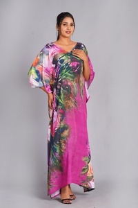 Women’s Floral Abstract <b>Kaftan</b> Dress – Magenta Watercolor Kimono Sleeve <b>Maxi</b> Gown Sleepwear - Product Image 3
