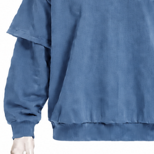Sudadera con capucha de mezclilla azul de doble capa, oversize, de manga corta con capa superpuesta de manga larga, estilo relajado, streetwear - Product Image 6
