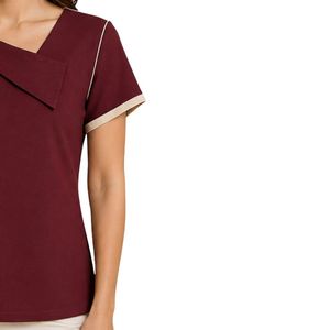 T-shirt asymétrique bordeaux pour femme à manches courtes avec bordure contrastante et détails boutonnés – Vêtement décontracté d'été personnalisable en gros - Product Image 4