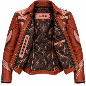 Brown Terracotta Women Western Cowhide Leather Jacket <b>Studded</b> Printed Biker Retro Spiked Collar Coat OEM Custom Manufacturer - Product Image 5