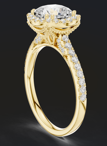 แหวนหมั้นทองคำขาว 14K นี้โดดเด่นด้วยเพชรทรงคุชชั่นที่เปล่งประกายอยู่ตรงกลาง ล้อมรอบด้วยรัศมีแสงระยิบระยับและประดับด้วยเพชรแบบพาเว่เซ็ต - Product Image 4