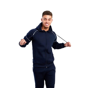 Chándal Azul Marino con Capucha para Hombre, Manga Larga, Color Sólido, Cierre con Cordón, Ropa Casual, Bolsillos Laterales, Transpirable, 100% Algodón - Product Image 3
