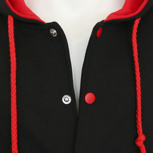 Chaqueta Varsity con Capucha para Mujer, Diseño Color Block en Contraste Negro y Rojo, Manga Larga, Cierre de Botón, Otoño - Product Image 3
