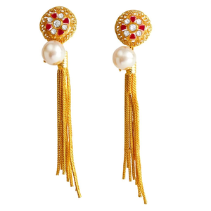 Gold Plated Pearl Drop Jhumka Earrings-Trendy Bohemian Tassel Geometric Design Oxidized Polish Claw Setting for Wedding Party - Product Image 2