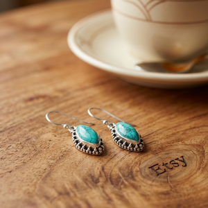 Pure <b>925</b> Sterling <b>Silver</b> Turquoise Drop <b>Earrings</b> Rose Gold & Yellow Gold Plated Handmade Vintage Jewelry Gift for Women Mom - Product Image 3